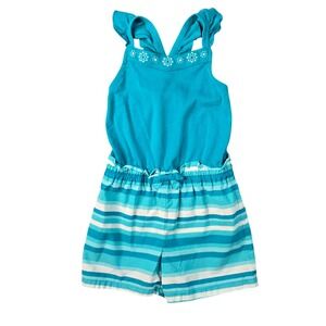 Gymboree Romper Girls 6 Blue Striped Floral Ruffle Summer Coastal Beach
